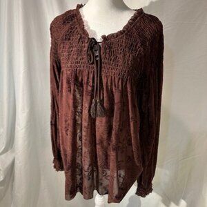 Mystree Brown Front Tie Blouse Top Size L Flocked Sheer